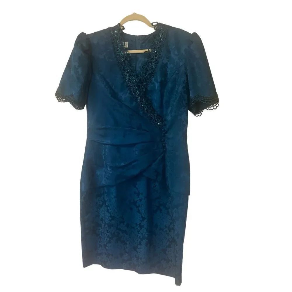 Vintage Scott McClintock formal brocade  dress teal sz 14